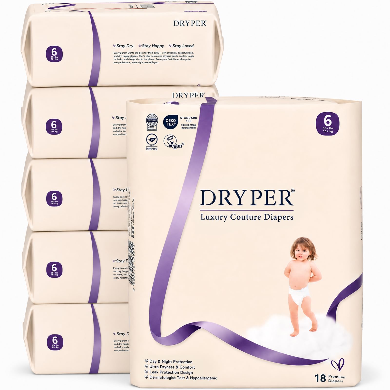 Baby Windeln DRYPER Größe 6 (16 kg+), ultra dünn weich und hypoallergergisch für empfindliche Haut, 3D Auslaufschutz, Feuchtigkeitsindikator, 108 Stück Tag & Nacht Premium Windeln