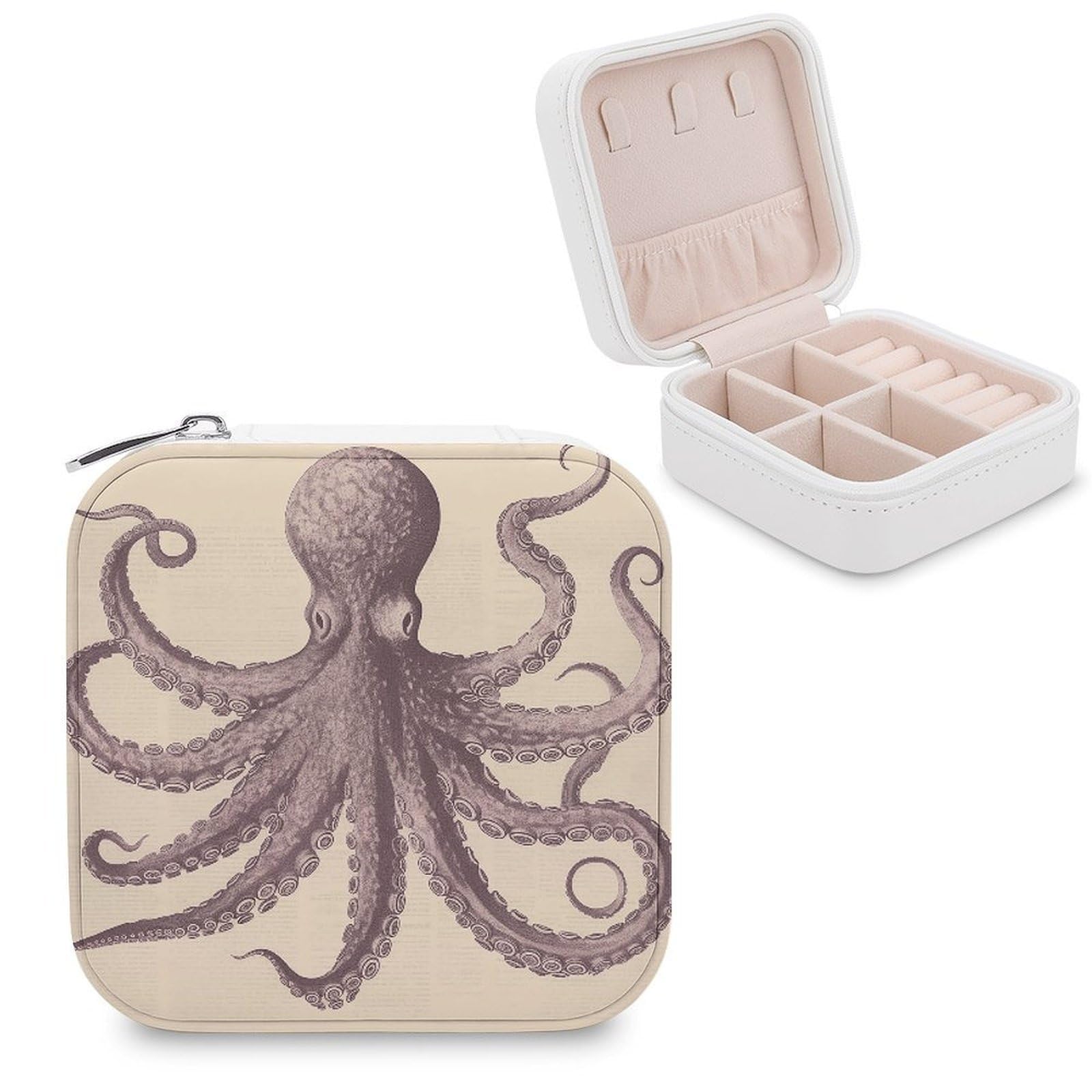 VstaDank Vintage Octopus Travel Jewelry Case Zipper Portable Small Jewelry Box Custom Pu Leather Mini Traveling Jewelry Organizer for Rings Earrings Necklace Bracelet Girls Women