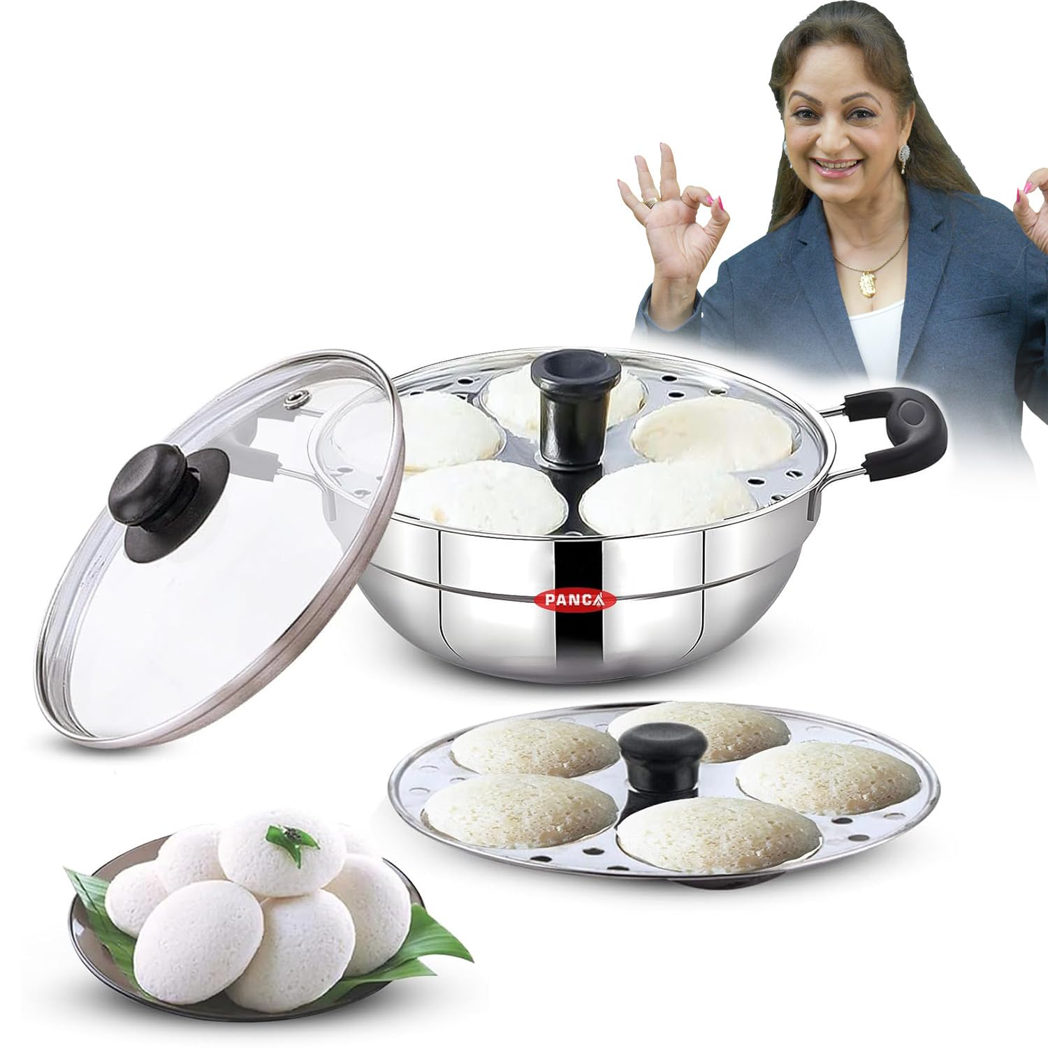 PANCA Stainless Steel Multi Kadai Induction Base, with Glass Lid & 2 Idli Plates