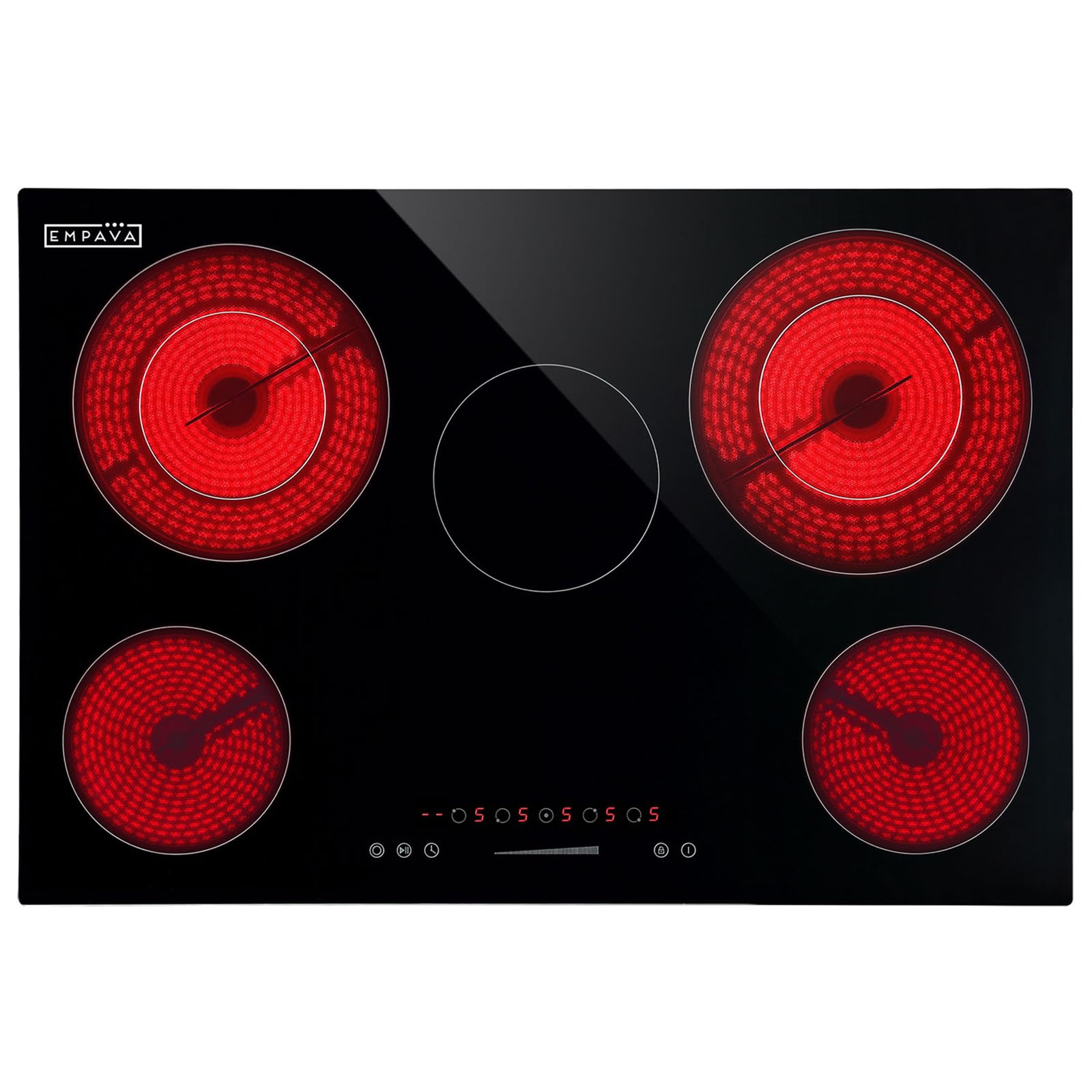 Empava 30 inch Electric Cooktop Built in Radiant Ceramic Stove 5 Burners Including Dual Element and Warm Zone, 7200W, 220-240V Hard Wire, No Plug, ETL Certified, Black