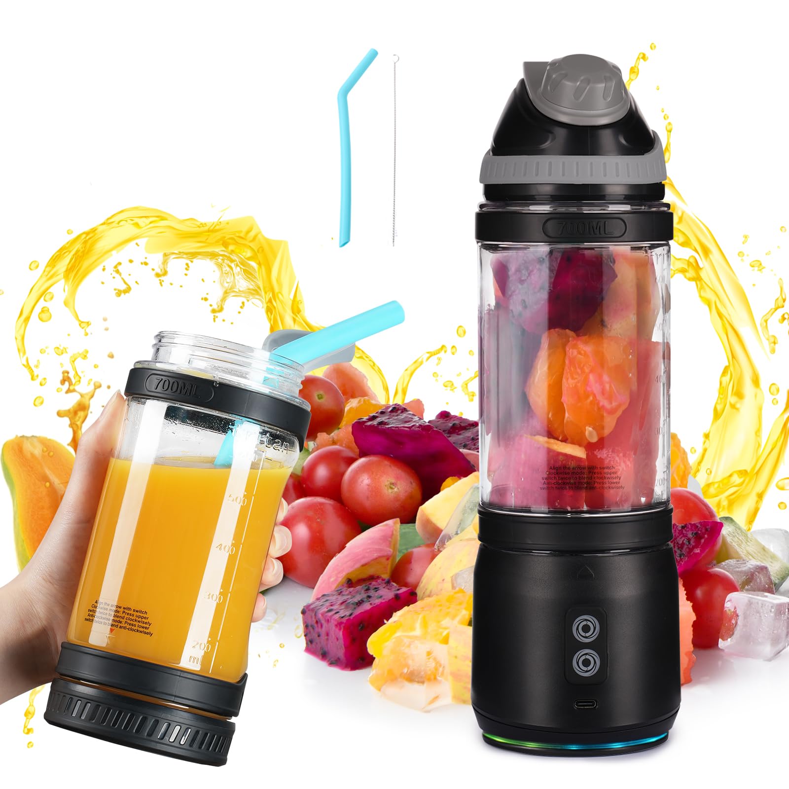 ZUERST700ml Portable Blender, Mini Juicer Blender Machine for Smoothies, Wireless Small Travel Blender with Lid & Straw, Black