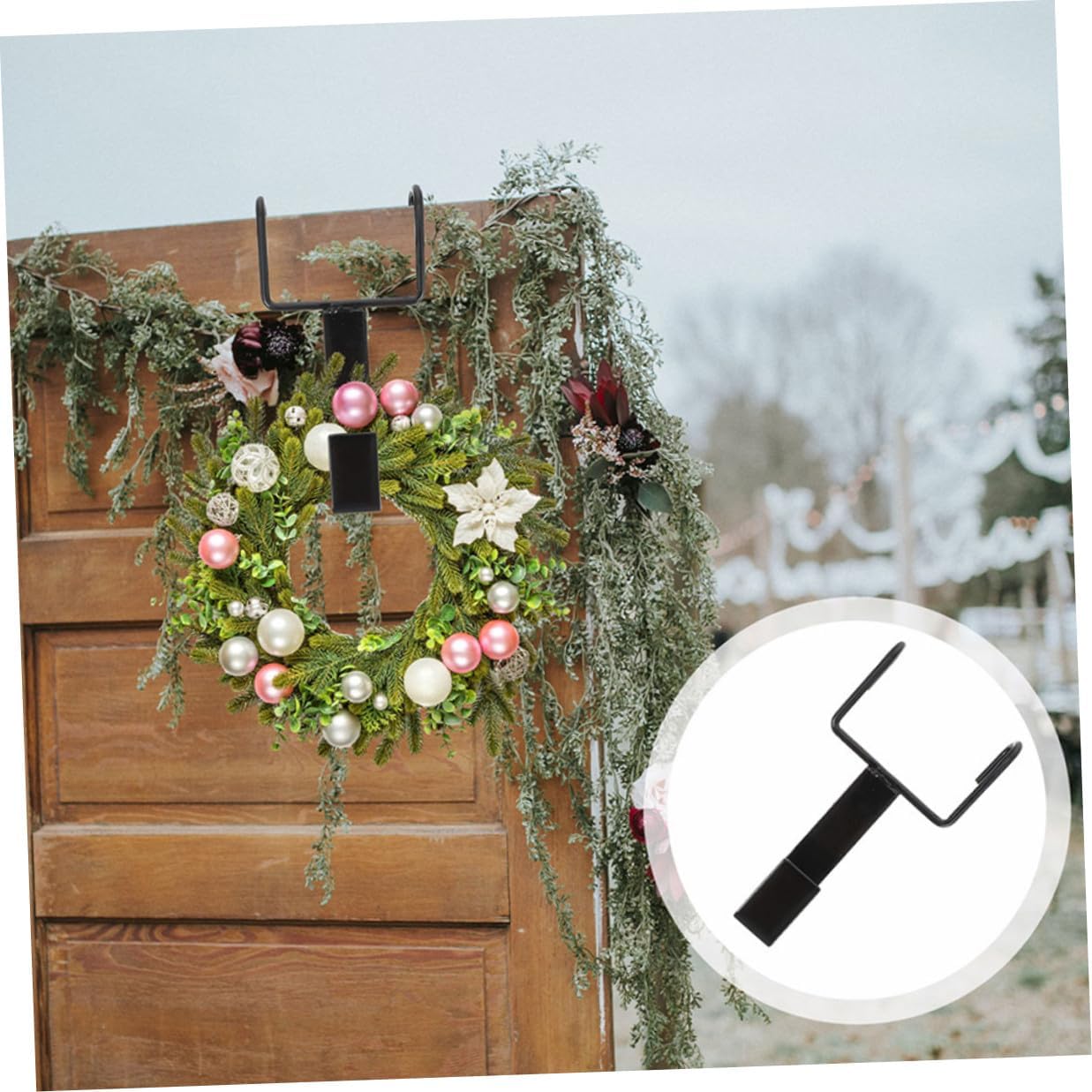 4pcs Black Over The Door Wreath Hangers for Front Door Wrought Iron Double Hooks for Holiday Garland and Christmas Decorations