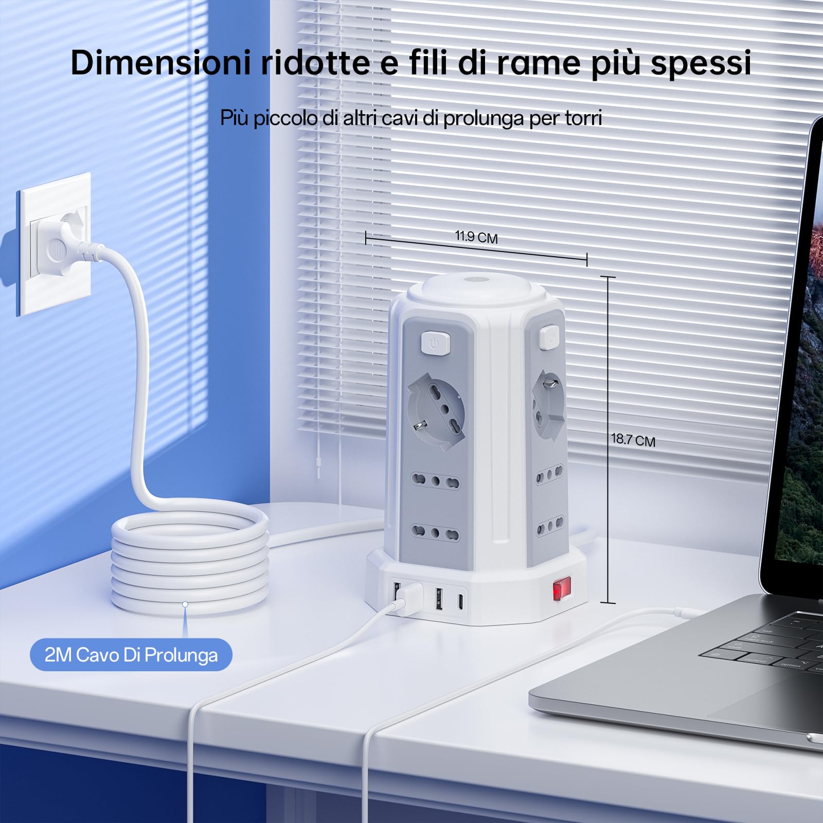Regleta eléctrica de 2 m con luz nocturna, 12 tomas universales 10/16 A ITA y Schuko y 3 USB A+1 USB C protección contra sobretensión con 4 interruptores independientes para la oficina, el hogar