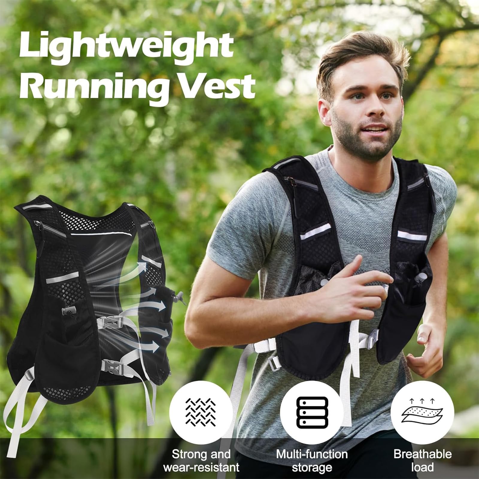 Laufweste mit 2 Soft Flasks 480ml, Verstellbar, Reflektierend, Atmungsaktiv, für Damen und Herren, Mehrere Taschen, für Marathon, Jogging, Radfahren