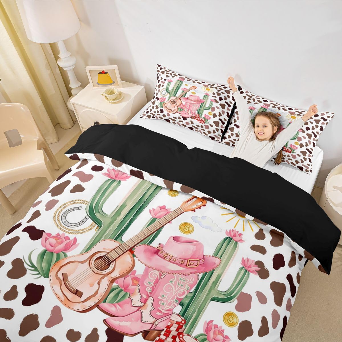 Homewish różowe kowbojki king size pościel retro krowa skóra bydlęca nadruk poszewka na kołdrę zestaw dzikie zachodnie kowbojki buty poszwa na kołdrę pustynia kaktus gitara zestawy łóżek