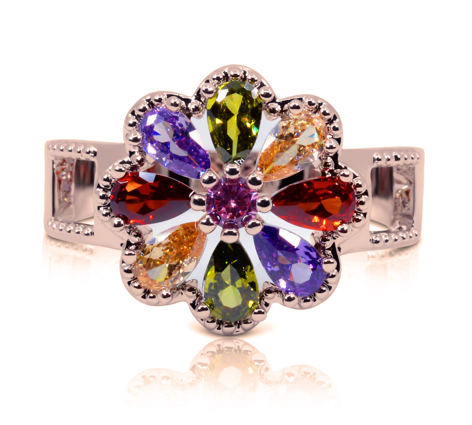 Savlano 14K Gold Plated Cubic Zirconia Multicolor Rainbow Flower Ring for Women