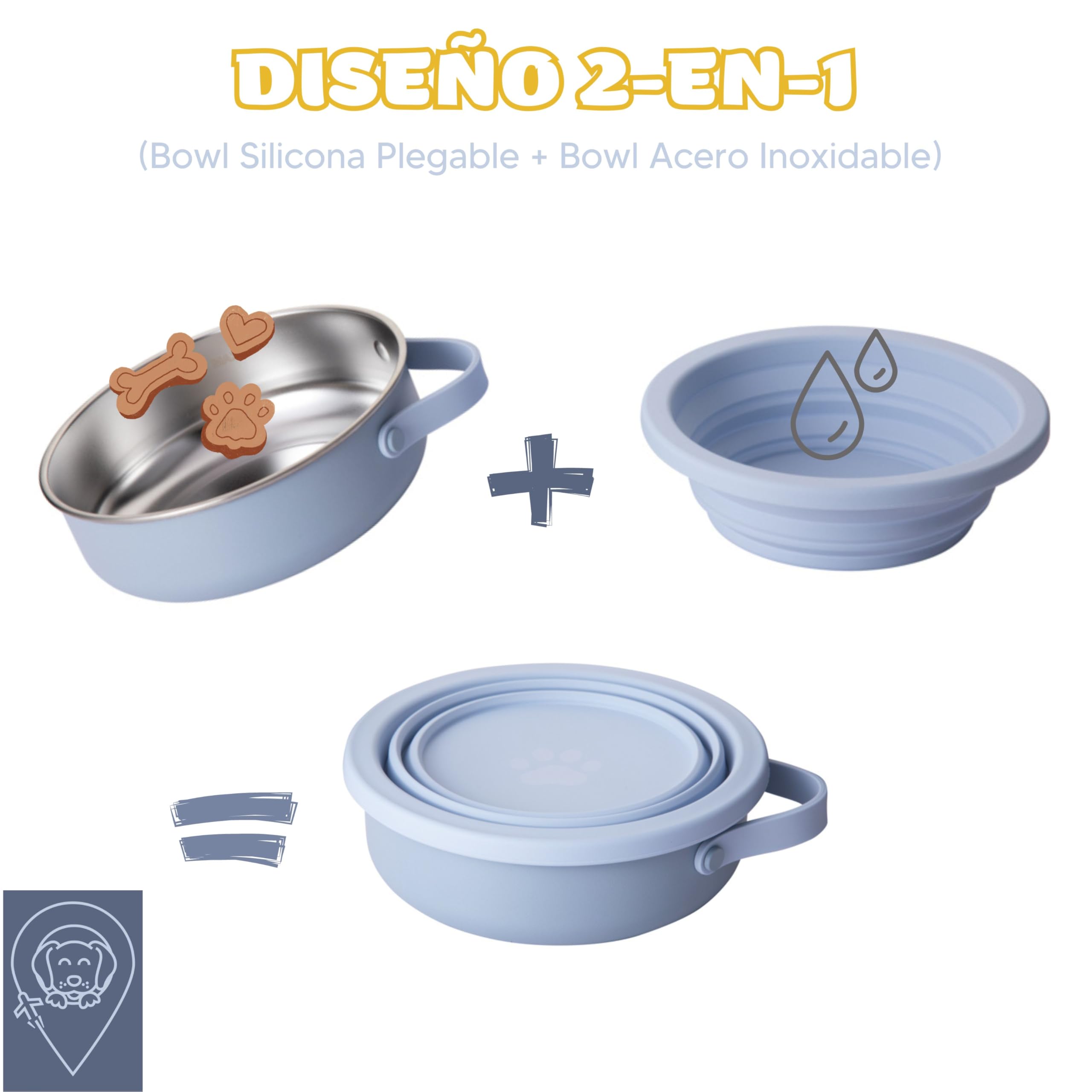KPET® Comedero y Bebedero Plegable 2 en 1 para Perros y Gatos – Bowl Portátil de 900 ml con Acero Inoxidable + Tazón Silicona, Antideslizante y Fácil de Limpiar – Ideal Coche, Viajes y Senderismo