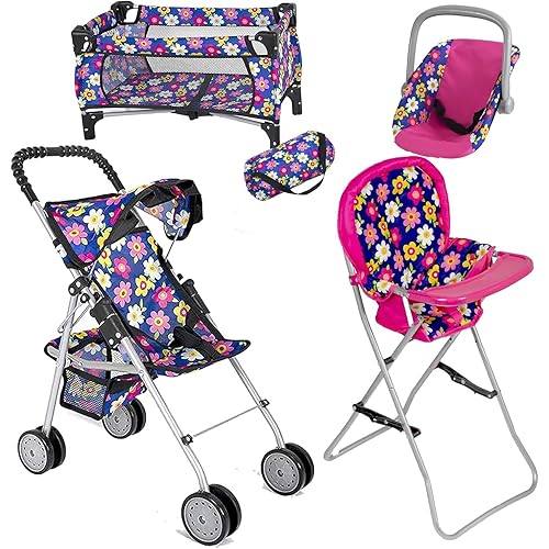 fash n kolor 4 Piece Baby Doll Play Set Flower Design Includes - Foldable Pack N Play, Baby Doll Stroller, Baby Doll High Chair, Infant Seat, Fits Up to 18'' Doll 4 Piece Doll Accessories Set