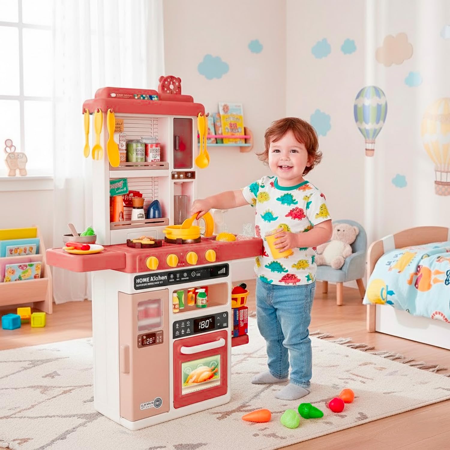 Cucina Giocattolo Bambini Con Luci E Suoni Realistici Rubinetto Con Riciclo Acqua Forno E Fornelli Apribili 50 Accessori Inclusi Gioco Educativo Per Bambini Dai 3–8 Anni (Rosso)