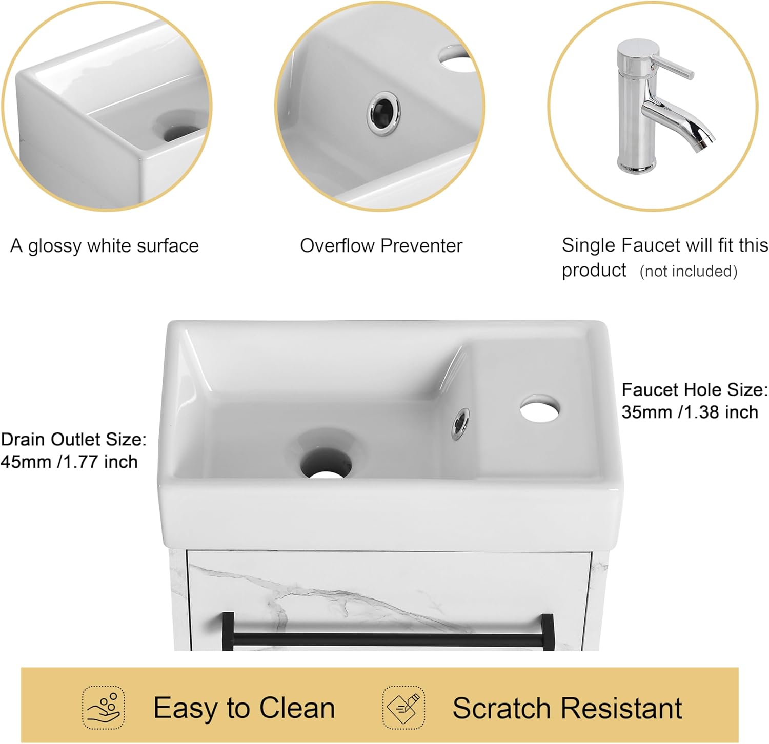 Malwee 16" Floating Bathroom Vanity with Sink, 16 inch Modern White Wall Mounted Bathroom Cabinet Combo for Small Space, Narrow Bath Wall-Hung Vanity Set with 1 Ceramic Basin and 1 Door(16cw)