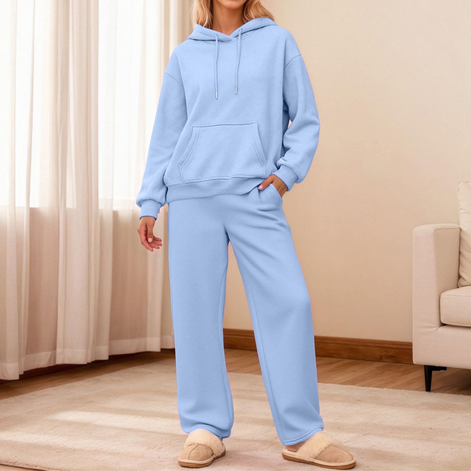 Tuta sportiva casual con cappuccio e pantaloni a gamba larga, autunno inverno, due pezzi, comodo da indossare per le attività quotidiane