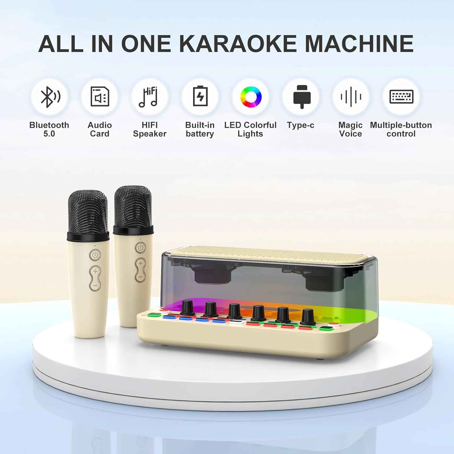 MT-VIKI Portable Bluetooth Karaoke Machine Speaker with 2 Wireless Microphones, RGB Lights, Lightweight, Perfect for Adults & Kids, Home & Outdoor Party