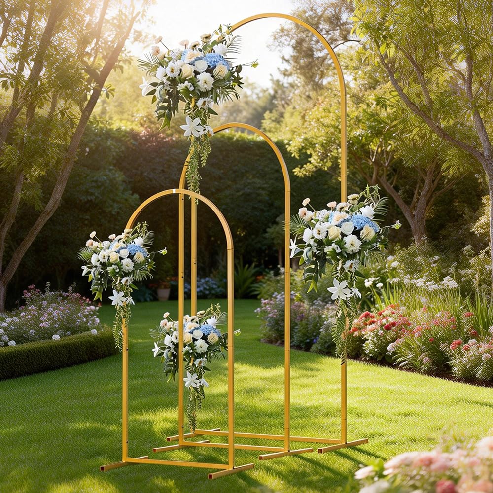 3 Pcs Gold Metal Arch Backdrop Stand, 4Ft 5Ft 6Ft Wedding Arch Frame Set, Outdoor Garden Arches Balloon Arch Framefor Wedding Ceremony Baby Shower Birthday Party Background Decoration (Gold)