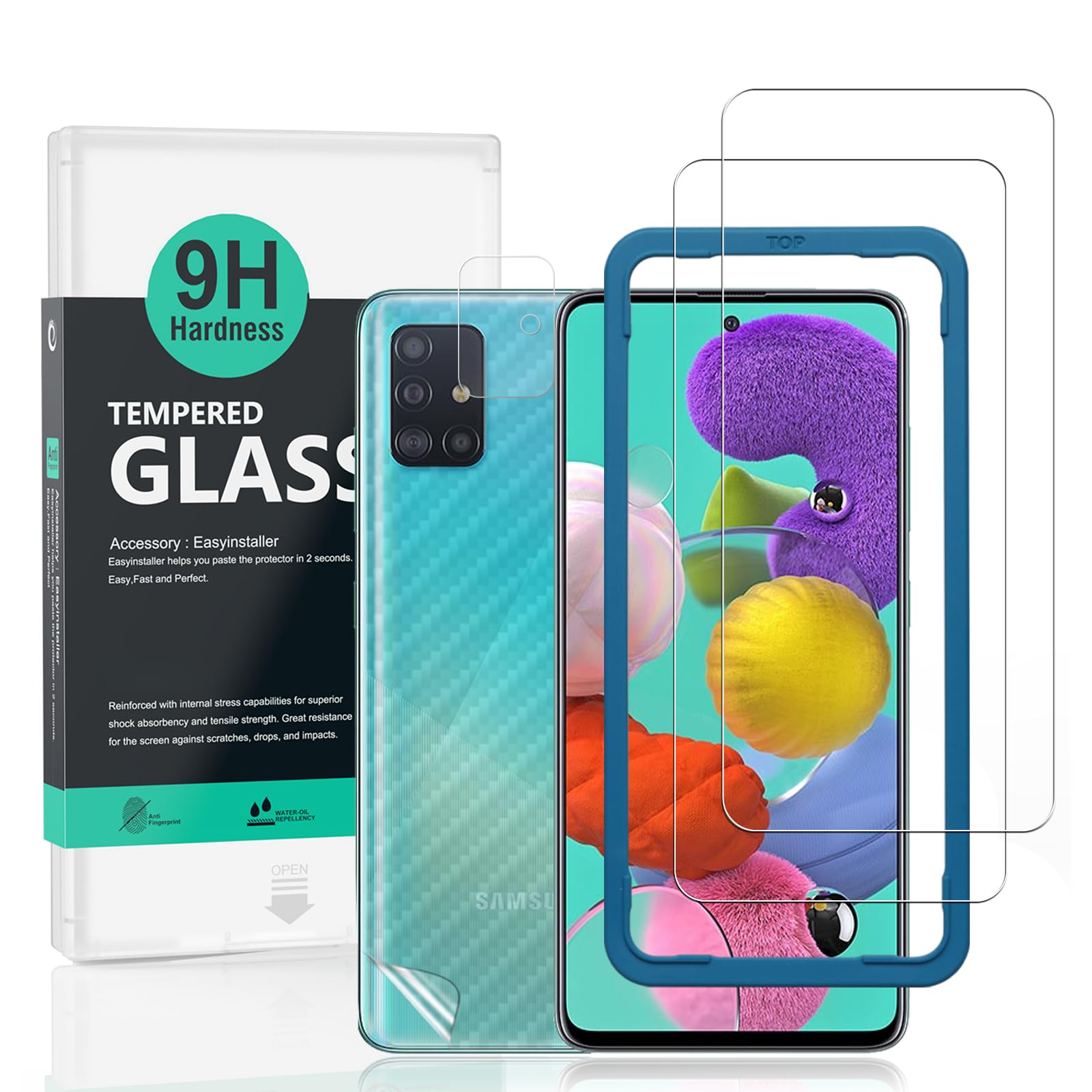 Ibywind For SamSung Galaxy A51 Screen Protector, 2 Pack 9H Hardness Tempered Glass[Military-Grade Protection],With 1Pc Camera Lens Protector, 1Pc Back Carbon Fiber Film,[Anti-Scratch][Anti-Shatter]