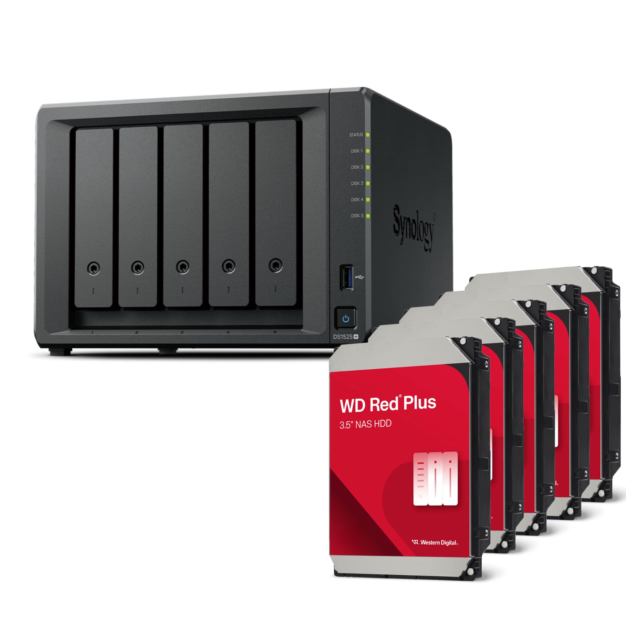 Synology Station de disque NAS DS1525+ 60 To Bundle Western Digital (5 x 12 To WD Red Plus) série 5 baies Plus avec Ryzen R1600, 8 Go de RAM