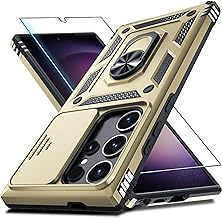 Janmitta Compatible with Samsung Galaxy S24 Ultra Case Built in Slide Camera Lens Cover+Screen Protector+Finger Ring Holder Kickstand,Heavy Duty Shockproof Full Body Phone Cover,2024 Gold