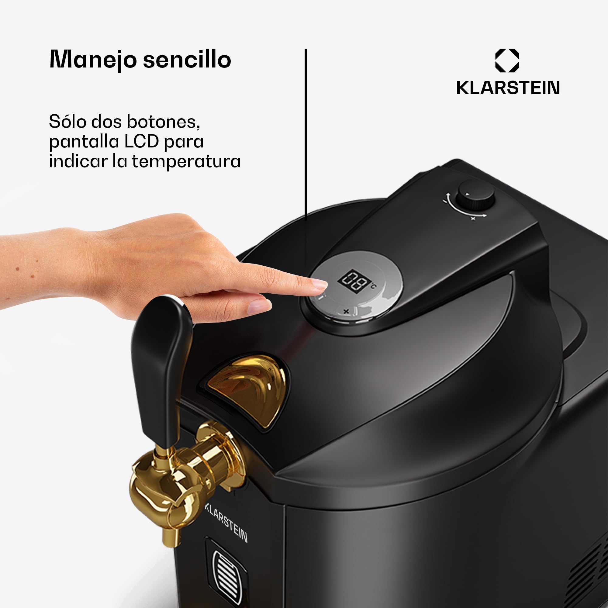 KLARSTEIN Dispensador de Cerveza Beerkules, Grifo de Cerveza con Enfriador, Barril 5l, CO2, Temperatura Ajustable, Pantalla LCD, Negro-Dorado