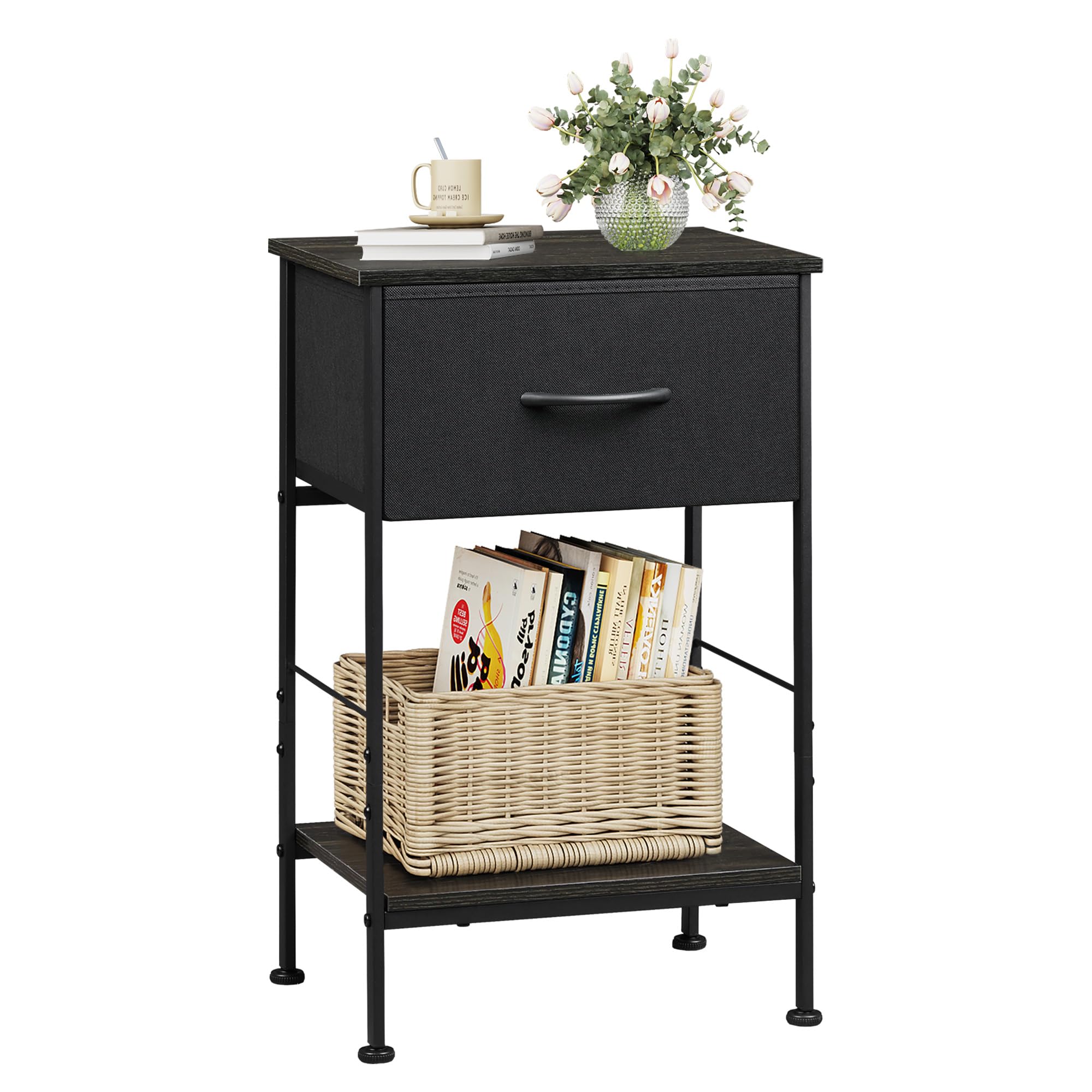 Black Nightstand, Bedside Table with Fabric Storage Drawer, Open Wood Shelf, Night Stand for Bedroom Furniture, End Table for Dorm, Entryway, 25.03" Height