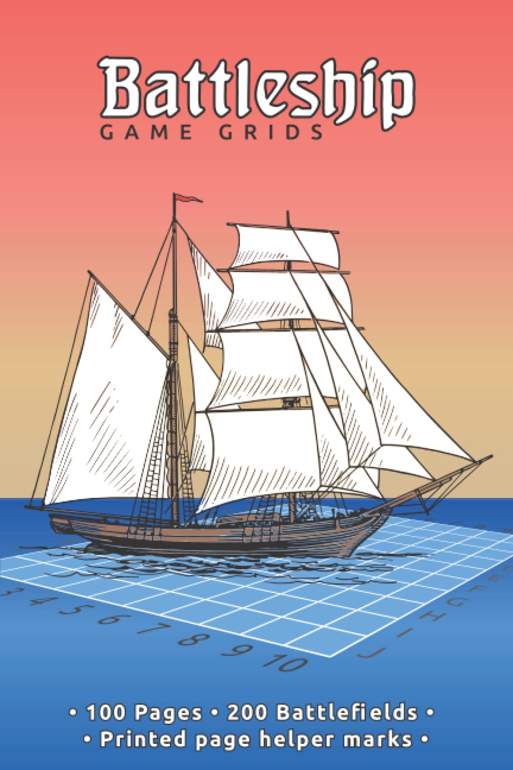 Battleship pen and paper grid game template book: Large print edition with printed helper marks for cutting out pages