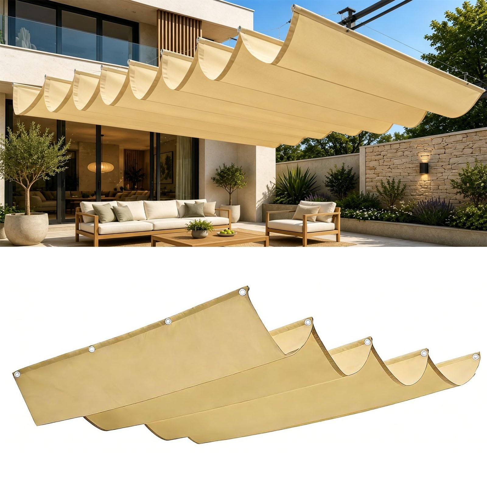 Toldo vela de sombra retráctil de 50x220 cm impermeable color amarillo arena para exterior