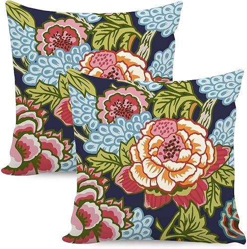 Juego de 2 fundas de cojín con diseño floral de peonía roja y coral, diseño cuadrado de flores chinoiserie, almohada decorativa de doble cara para