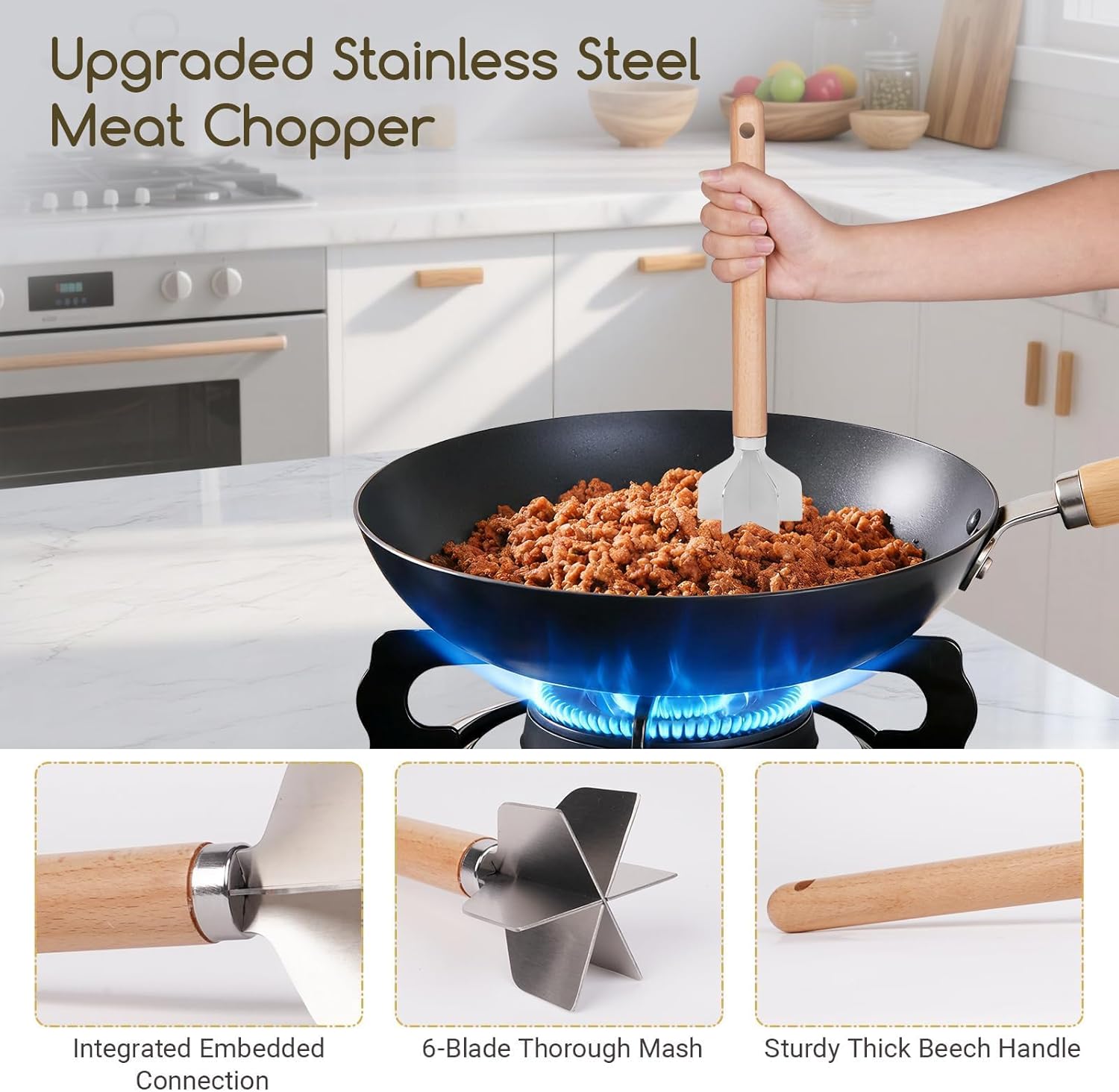 Stainless Steel Meat Chopper, Meat Masher, 6-Blade Ground Beef Chopper Tool with 11" Wooden Handle for Hamburger, Beef, Turkey & Vegetables Puree (2)