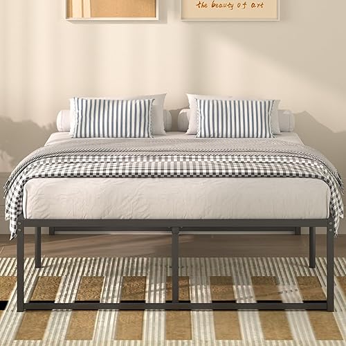Miniatura 47 de VECELO Marco de cama de plataforma de metal de 14 pulgadas, base de colchón, no necesita somier, soporte de listones de acero (tamaño matrimonial)