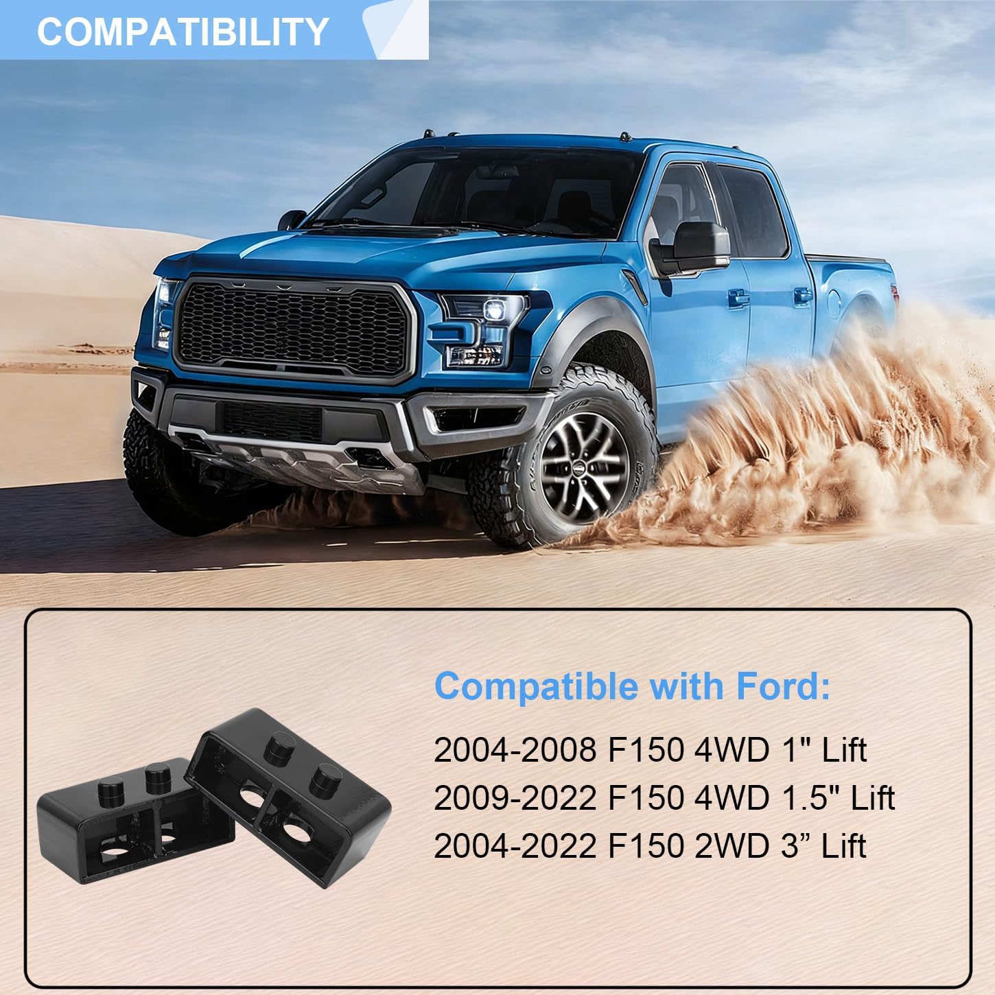 3 Inches Rear Lift Block Kits Compatible with 2004-2022 Ford F-150 2WD 4WD, 3'' Rear Leveling Lift with Extra Long Extended Square U-Bolts Set and Square Leaf Spring Axle Cross Block, 2PCS