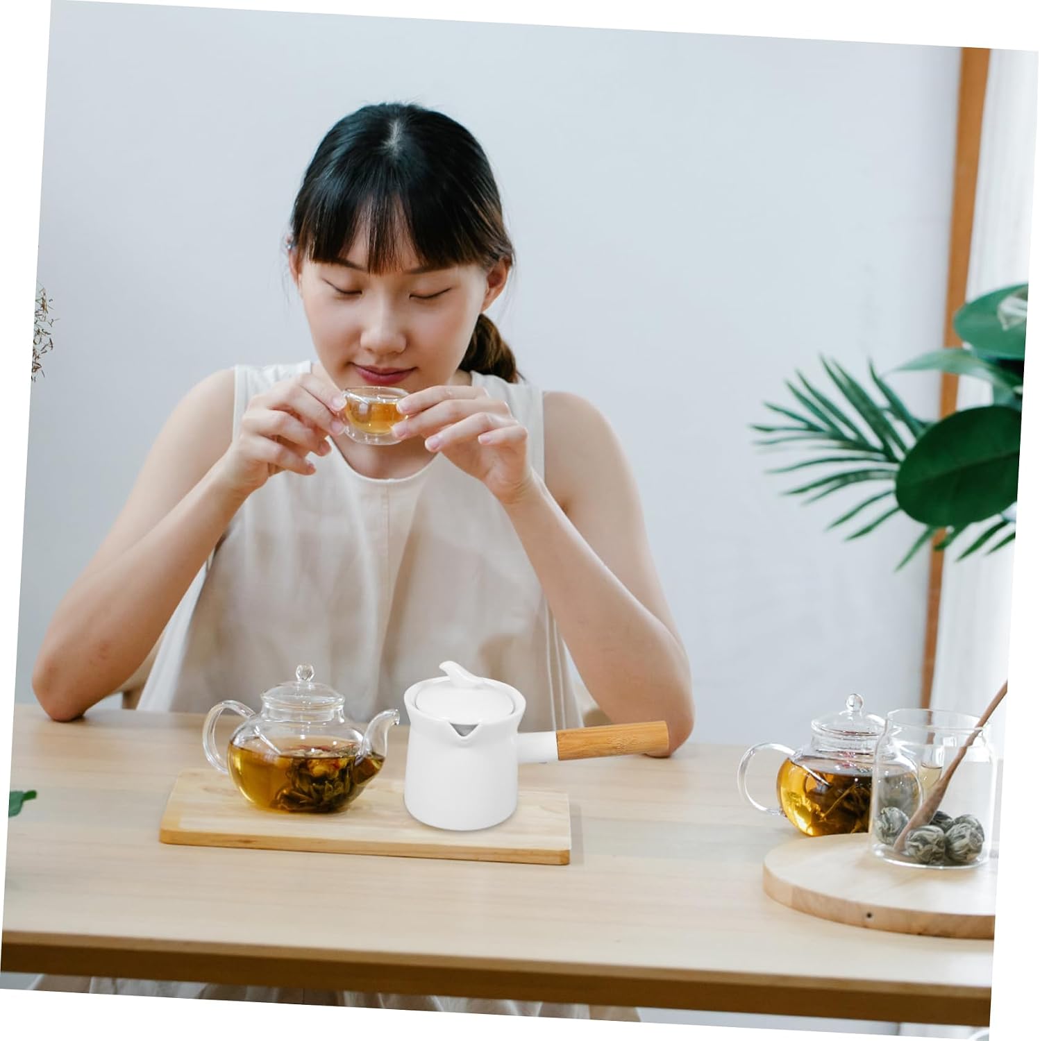 Luxshiny Mini Ceramic Milk Pot with Wooden Handle Butter Warmer Versatile Saucepan for Cooking Serving and Melting for Kitchen Dining Room and Shops
