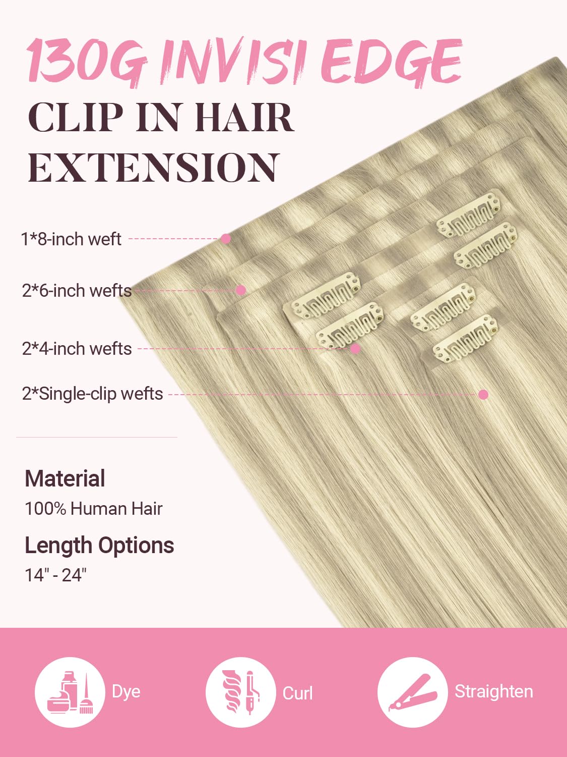 MAXITA Seamless Clip In Hair Extensions Real Human Hair，Invisi Edge Real Human Hair Clip Ins for Woman，Natural Human Hair,16Inch 130g 7Pcs,Ash Blonde Highlighted Platinum Blonde