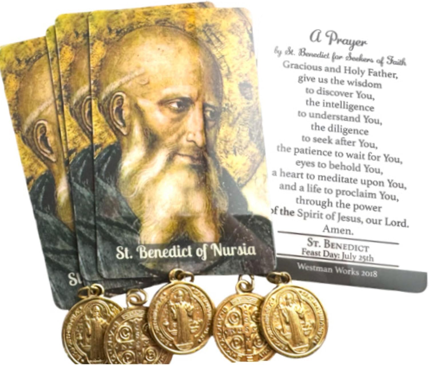 Westmon Works St Benedict Medal Set Metal Italian Made Golden Medallions with USA Made Laminated Holy Cards, Pack of 5