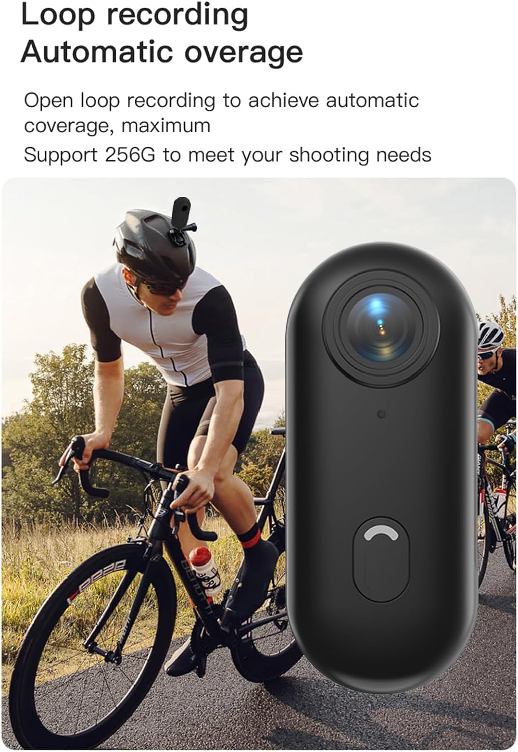 Image illustrating loop recording, showing a cyclist and the camera, with text indicating 'Open loop recording to achieve automatic coverage, maximum Support 256G to meet your shooting needs'.