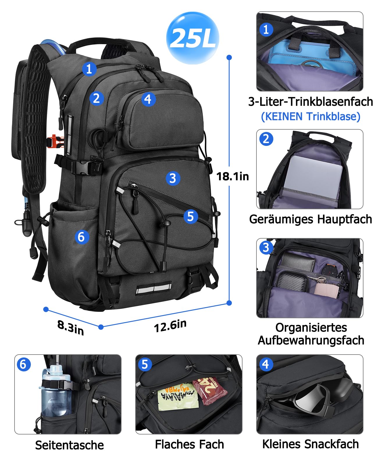 Plecak trekkingowy dla mężczyzn i kobiet, 25 l, mały plecak, lekki plecak podróżny z uchwytem na telefon, plecak trekkingowy z paskami odblaskowymi, na kemping, wędrówki (czarny, duży)