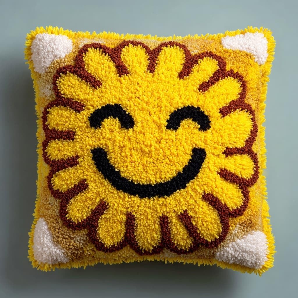 Henypt Latch Hook Pillow Kit 43x43cm,Smiling Sunflower DIY Cushion Cover for Sofa Bedroom Decor,Pre-Printed Canvas Craft Set for Adults Beginners