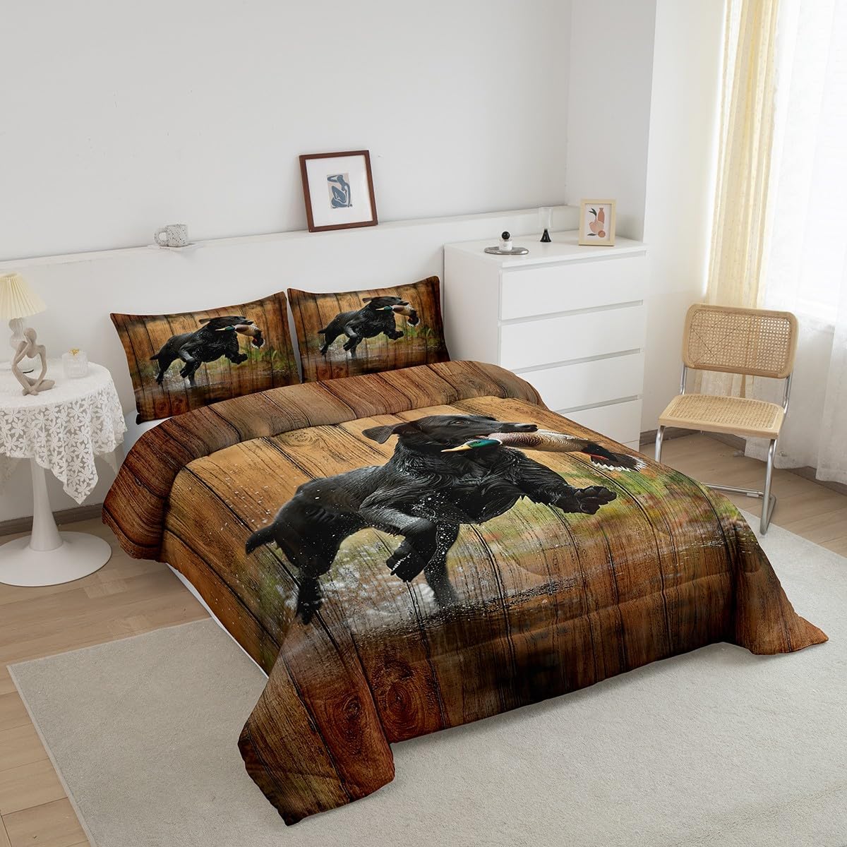 Feelyou Duck Hunting Bedding Set Twin Size Black Dog Mallard Duck Hunting Comforter Set for Kids Farmhouse Cabin Wood Comforter Women Men Home Decor Duvet Set,1 Comforter+ 1 Pillow Sham