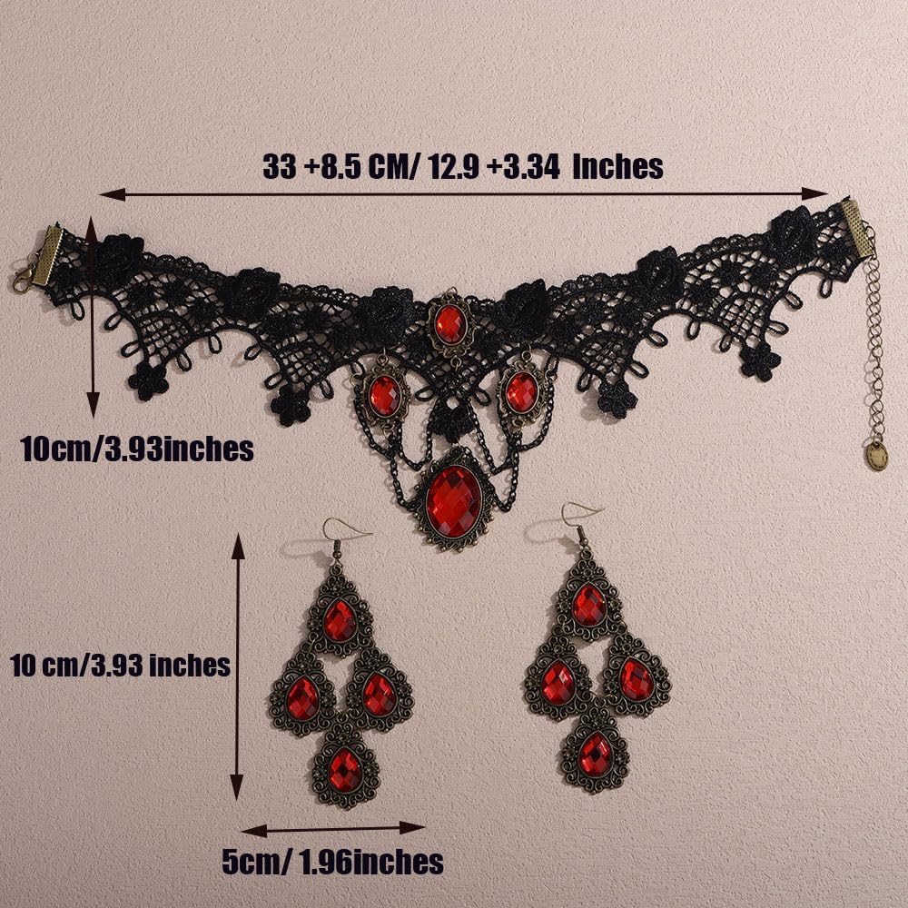 Missgrace Boho Punk Black Tassels Red Crystals Lace Choker Necklaces Earrings Set Gothic Accessories Halloween Gothic Punk Black Beads Necklace Earrings Set for Women - Image 7