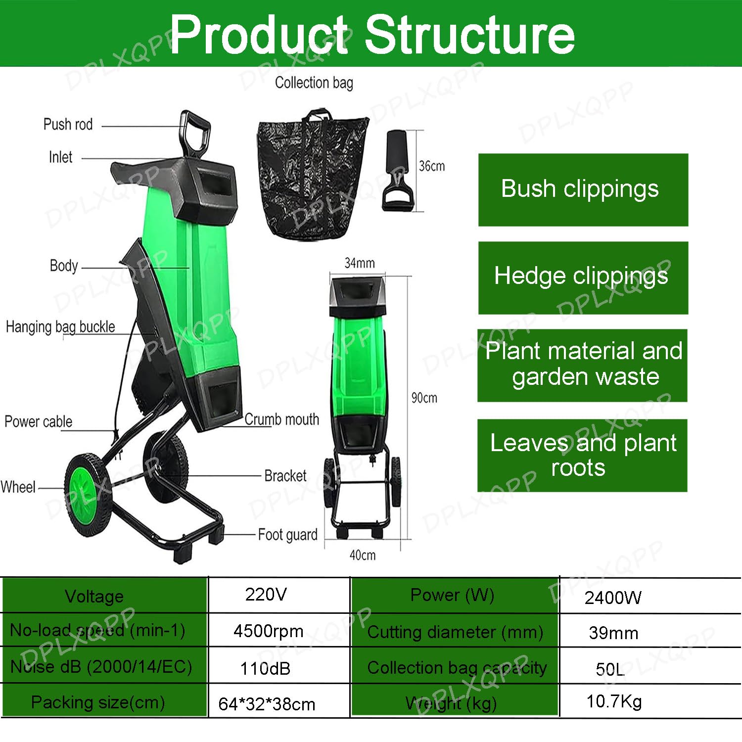 Biotrituradora Eléctrica Profesional 2400w,Triturador De Hojas Y Ramas hasta 39mm,Ruedas Antideslizantes,Transforma Residuos En Abono Orgánico,10.7kg,Chippers+10mWire