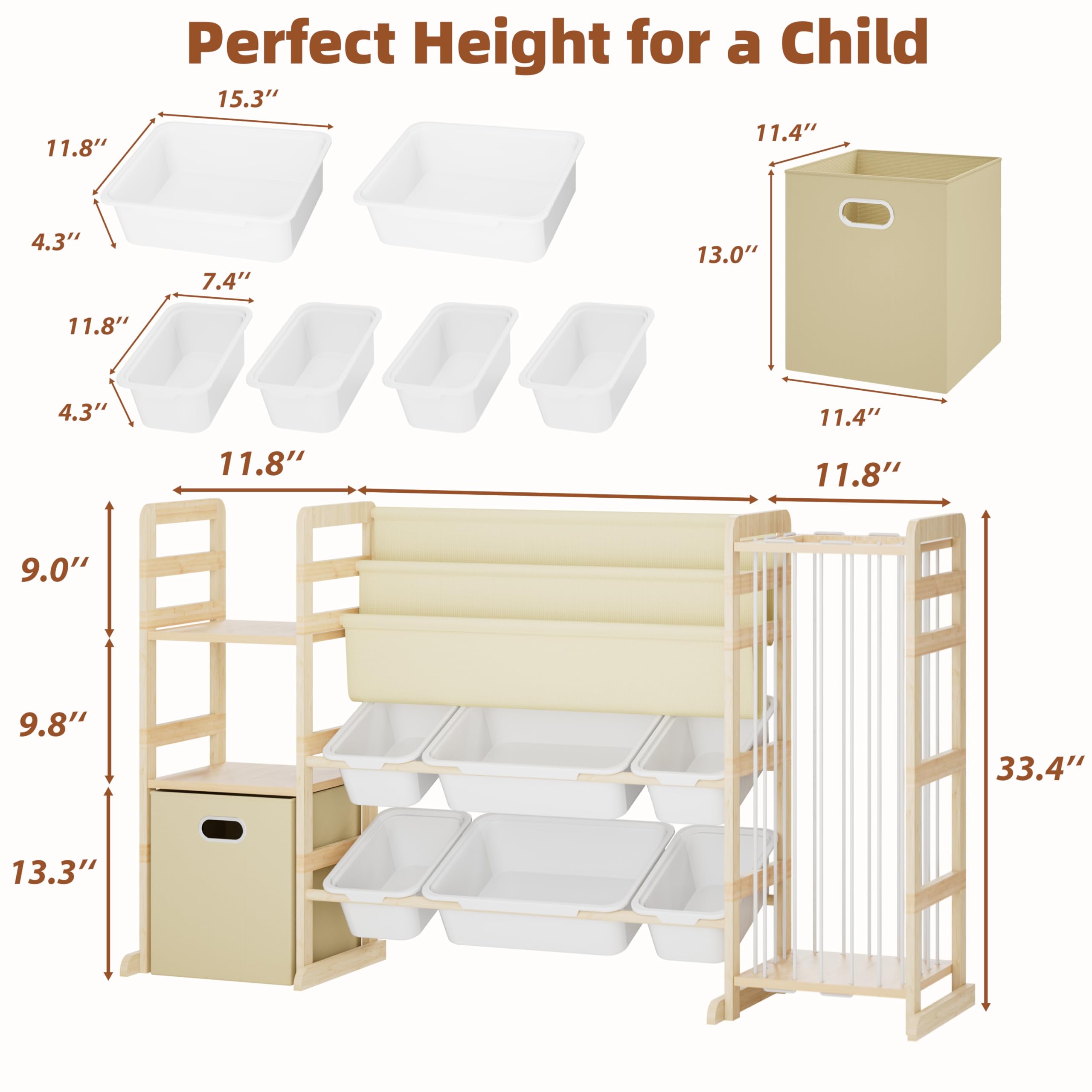 Spielzeug-Aufbewahrungs-Organizer mit Bücherregal und Stofftier-Aufbewahrung – Kinderspielzimmer-Organisation mit Regalen und 7 Spielzeugbehältern, 4-in-1 Kleinkind-Bücherregal aus Montessori-Holz