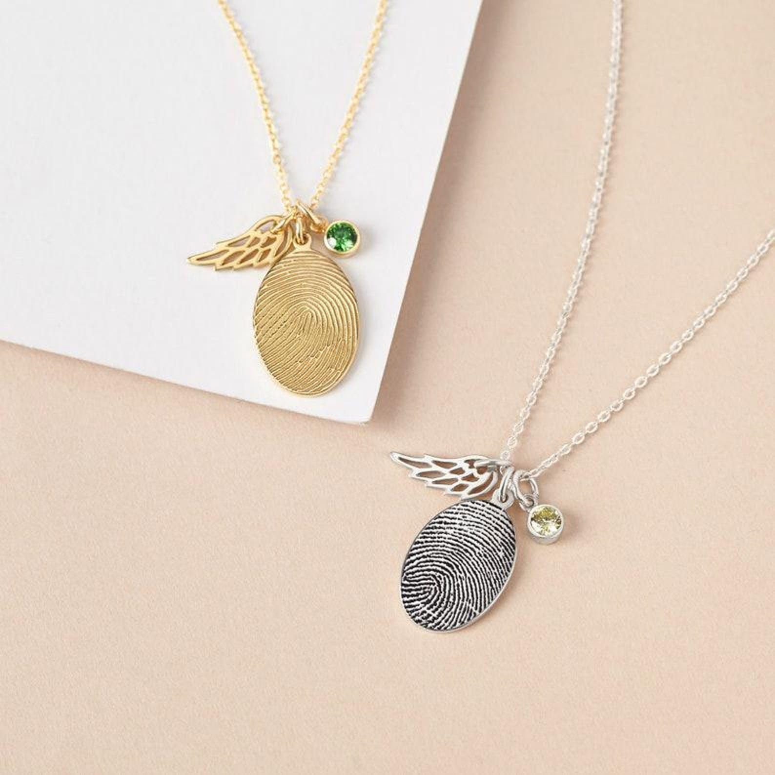 Collar con huella digital ala de ángel, a medida conmemorativo, huella del pulgar joya para pérdida de mamá papá Día de la Madre Navidad cumpleaños aniversario