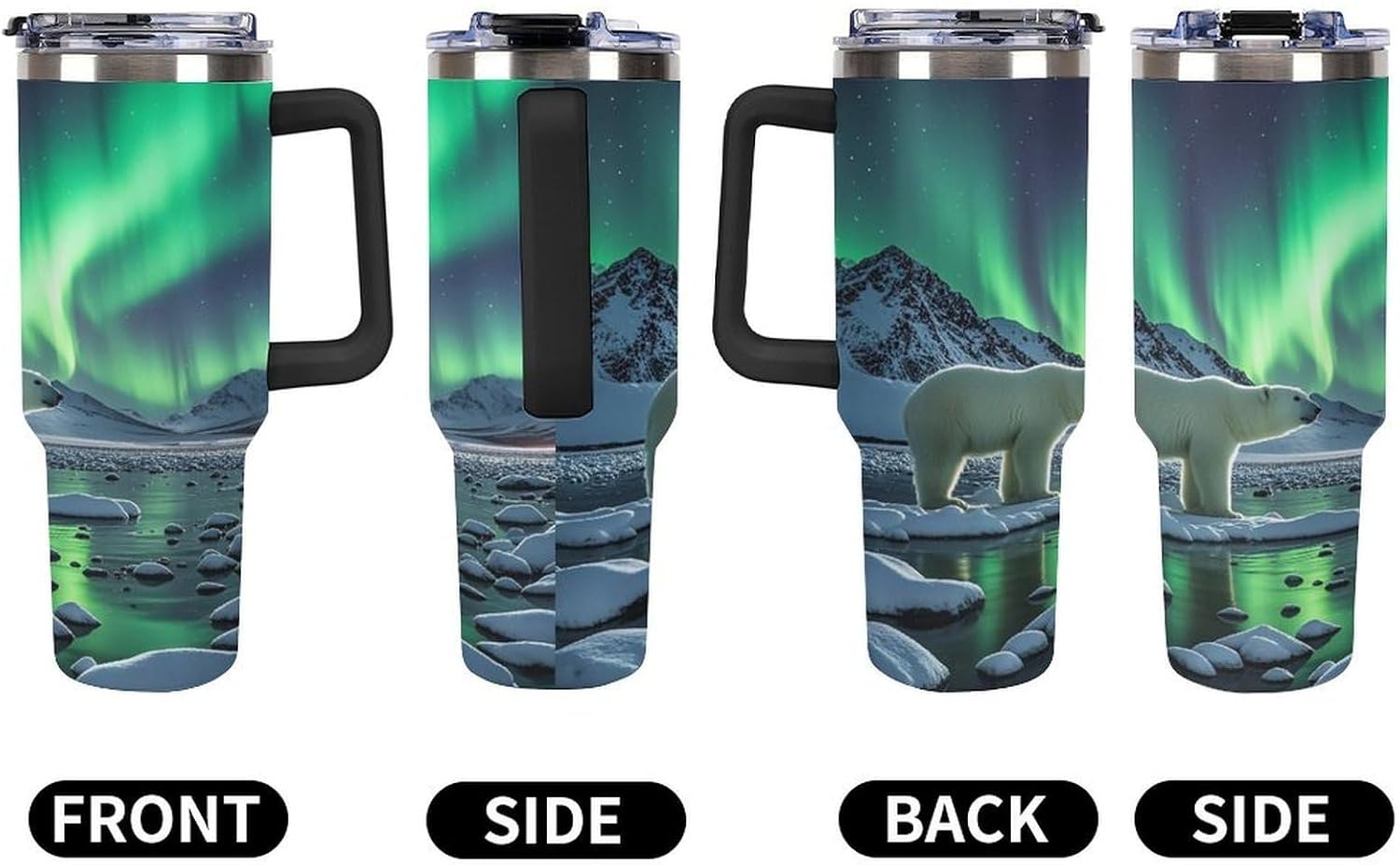 Polar Bears Northern Lights Travel Coffee Mug Reusable Durable Stainless Steel Insulated Tumbler with Handle And Straw Leak Resistant Portable Thermal Cup Gifts for Men Women 40 Oz