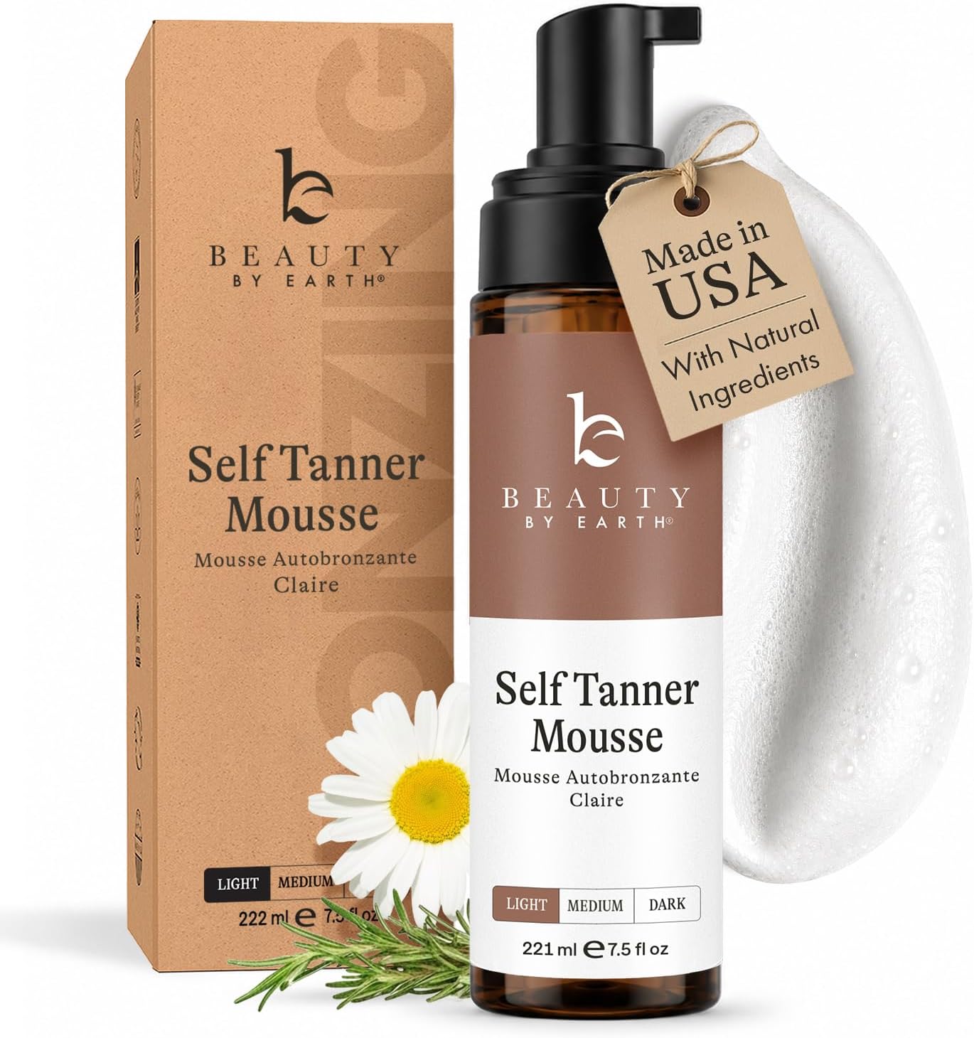 Self Tanner Mousse - USA Made with Natural & Organic Ingredients, Self Tanning Mousse for Fake Tan, Sunless Tanner for Pale Skin, Clear & Non Toxic Tanning Foam for Streak Free Finish, No Orange Color