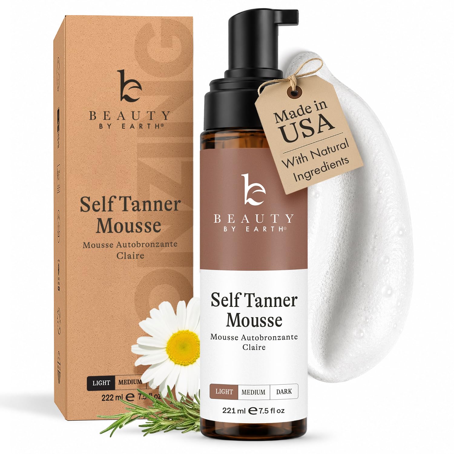 Self Tanner Mousse - USA Made with Natural & Organic Ingredients, Self Tanning Mousse for Fake Tan, Sunless Tanner for Pale Skin, Clear & Non Toxic Tanning Foam for Streak Free Finish, No Orange Color