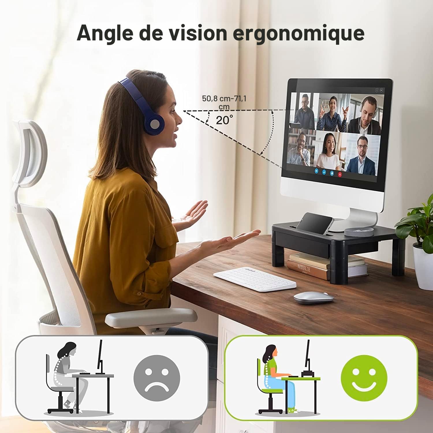 LORYERGO Support de Moniteur 3 Hauteurs Réglables Rehausseur Ecran 20KG Plastique