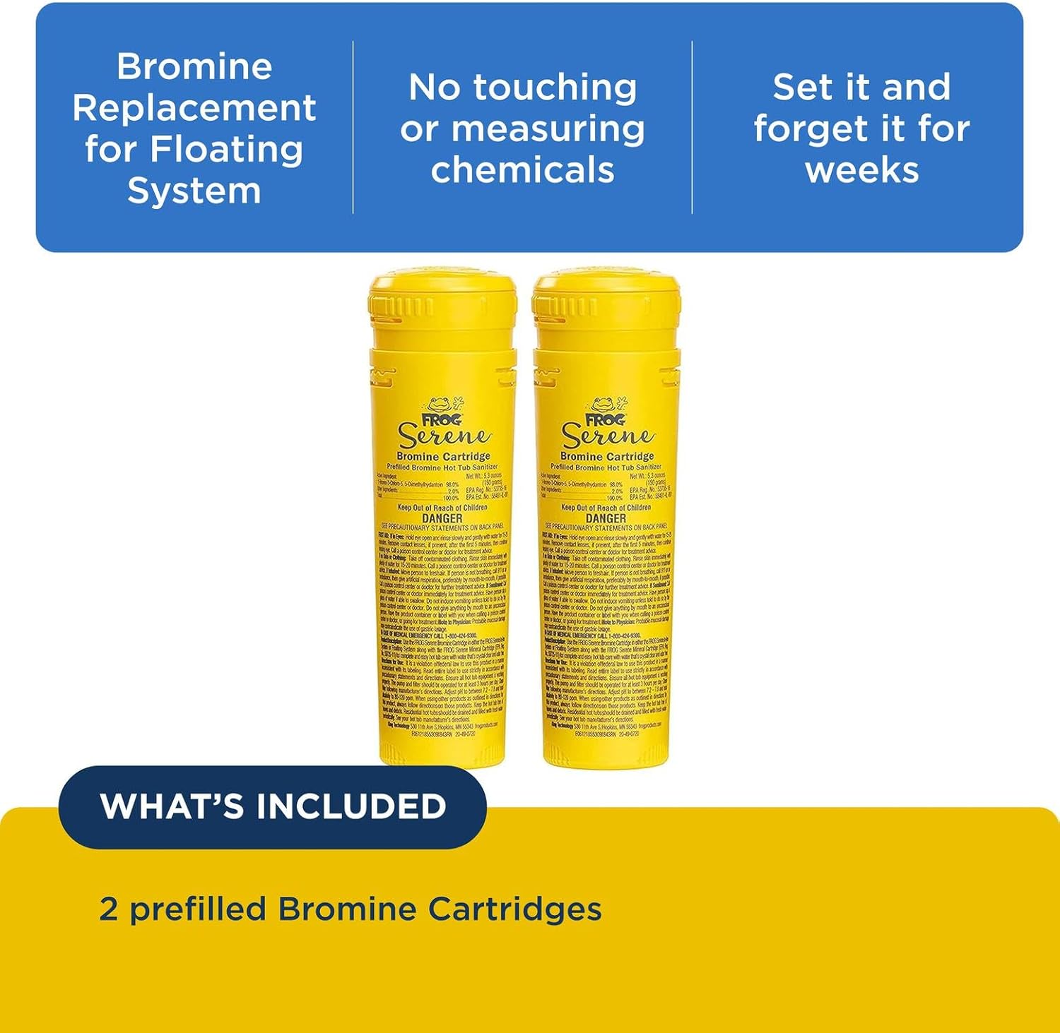 FROG Serene Replacement Bromine Cartridges for use with Hot Tub FROG Serene Floating Sanitizing System - Prefilled for Quick & Easy Hot Tub Maintenance - 2 Pack