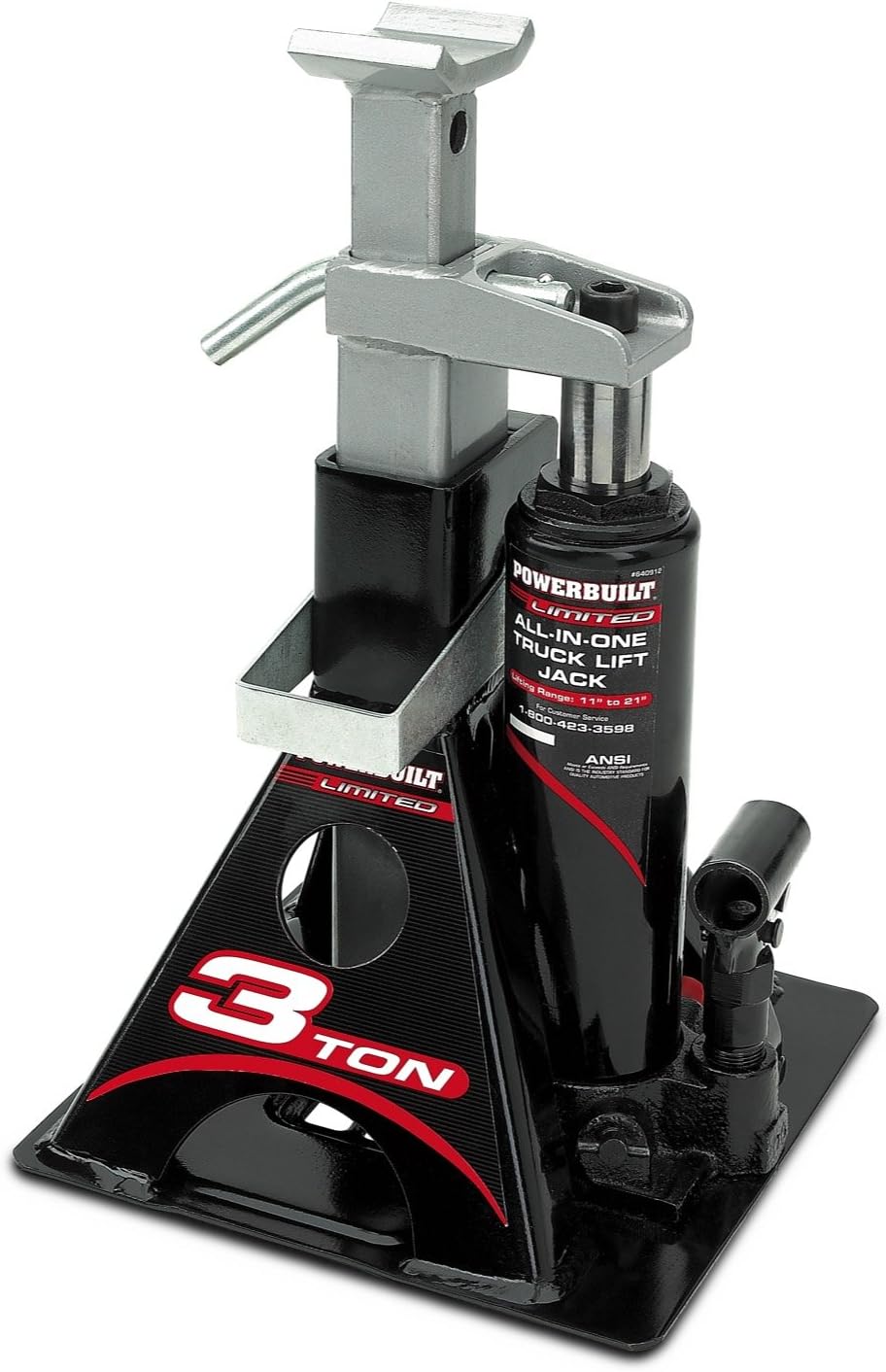 Powerbuilt Alltrade 640912 Black 3 Ton, All-in-One Bottle Jack & Big RED T43202 Torin Steel Jack Stands: 3 Ton (6,000 lb) Capacity, Red, 1 Pair
