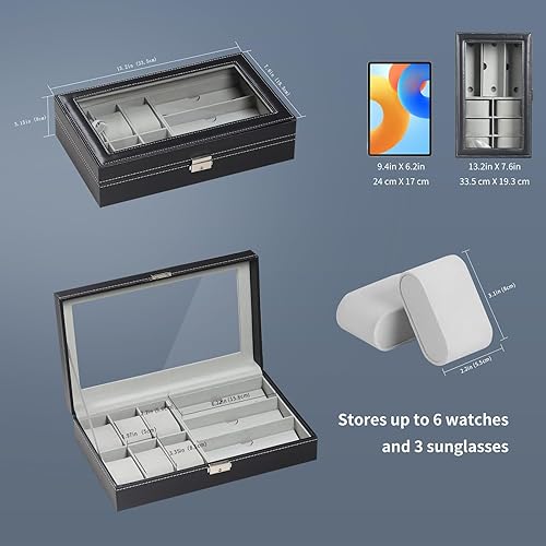 Miniatura 2 de AUTOARK Caja de cuero para 6 relojes y 3 lentes y lentes de sol con organizador de joyas cajas de almacenamiento para hombres y mujeres tapa de