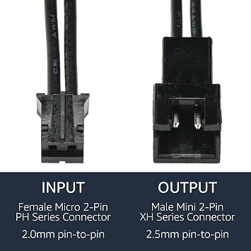 CRJ 2-Pin Micro PH 2.0mm Female to Mini XH 2.5mm Male Connector Adapter Cable for Cooling Fans, Sensors, and Other Devices (2-Pack)