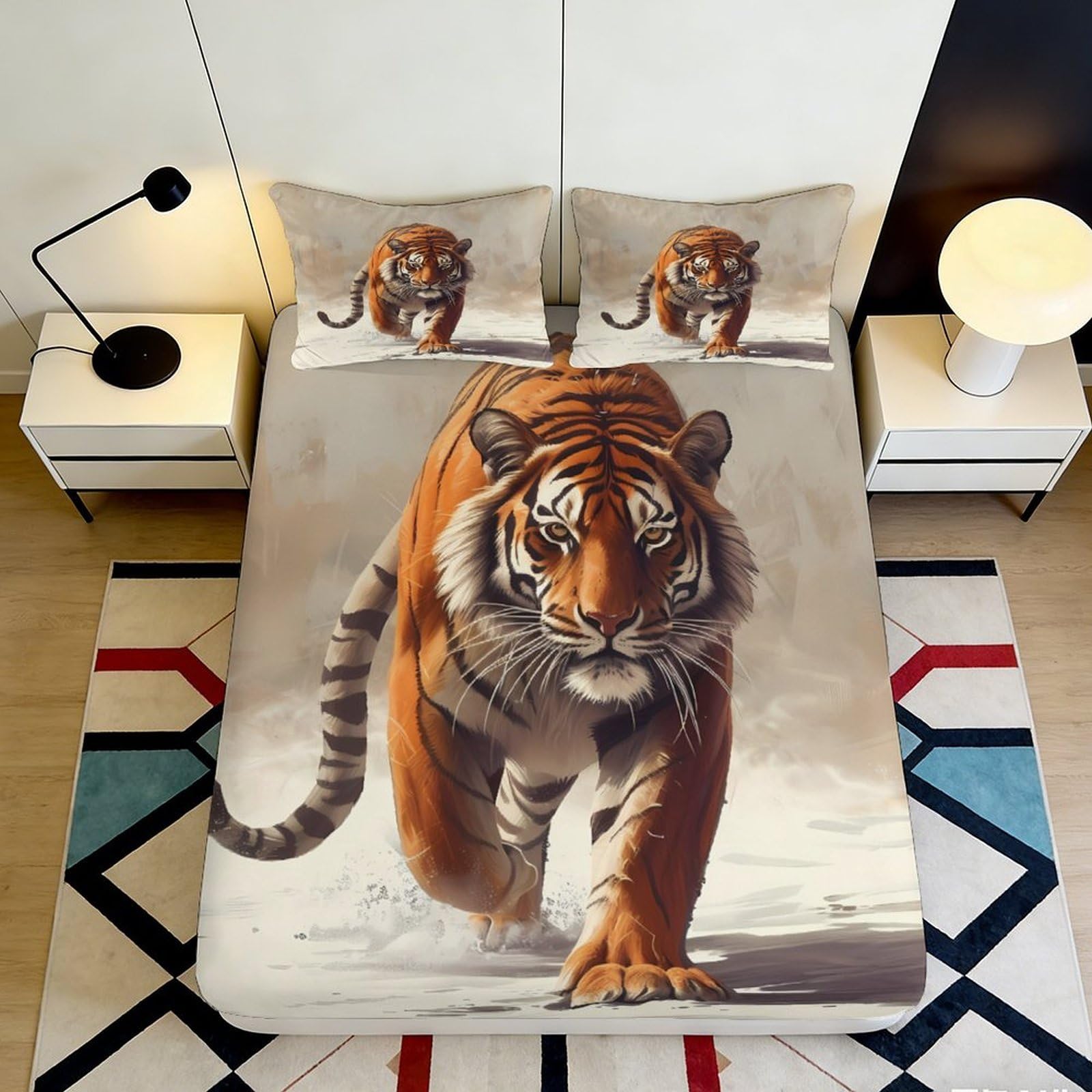 3D Printed Tiger Design Fitted Sheet Microfiber Soft Durable 3D Printed Wild Animal Bed Cover for Bedroom Dormitory Guest Room Mattress Protection 140x200x25cm