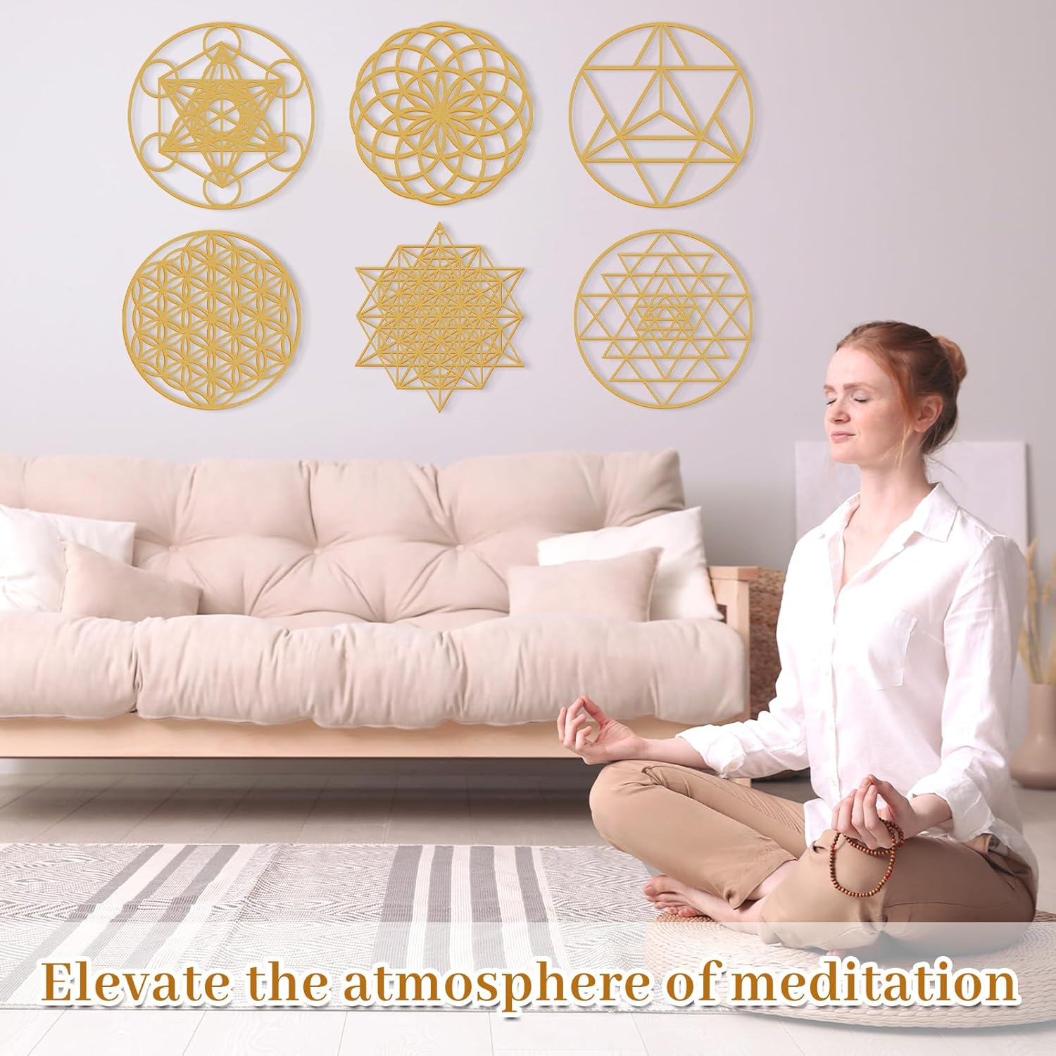 Taiyin 6 Pcs 12 Inch Wooden Sacred Geometry Wall Art Set, Zen Geometric Wall Decor for Home Meditation Room, Inspired Hanging Art with Metatron Cube, Flower of Life, Sri Yantra(Golden)