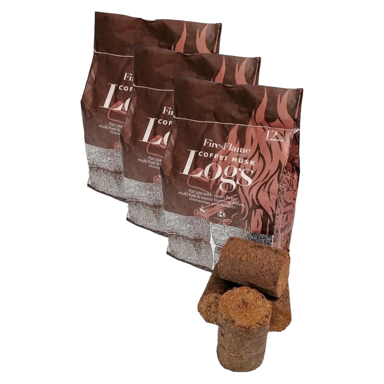 3 x 12 Pack of Coffee Husk Logs - Eco Alternative to Firewood - Suitable For Fireplace Open Fires Chimeneas Firepit Multi Fuel & Wood Burning Stoves - Burns Hotter Than Kiln-Dried Logs
